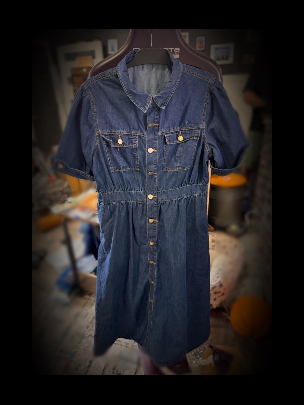 Dark Blue Denim Button-Front Shirt Dress